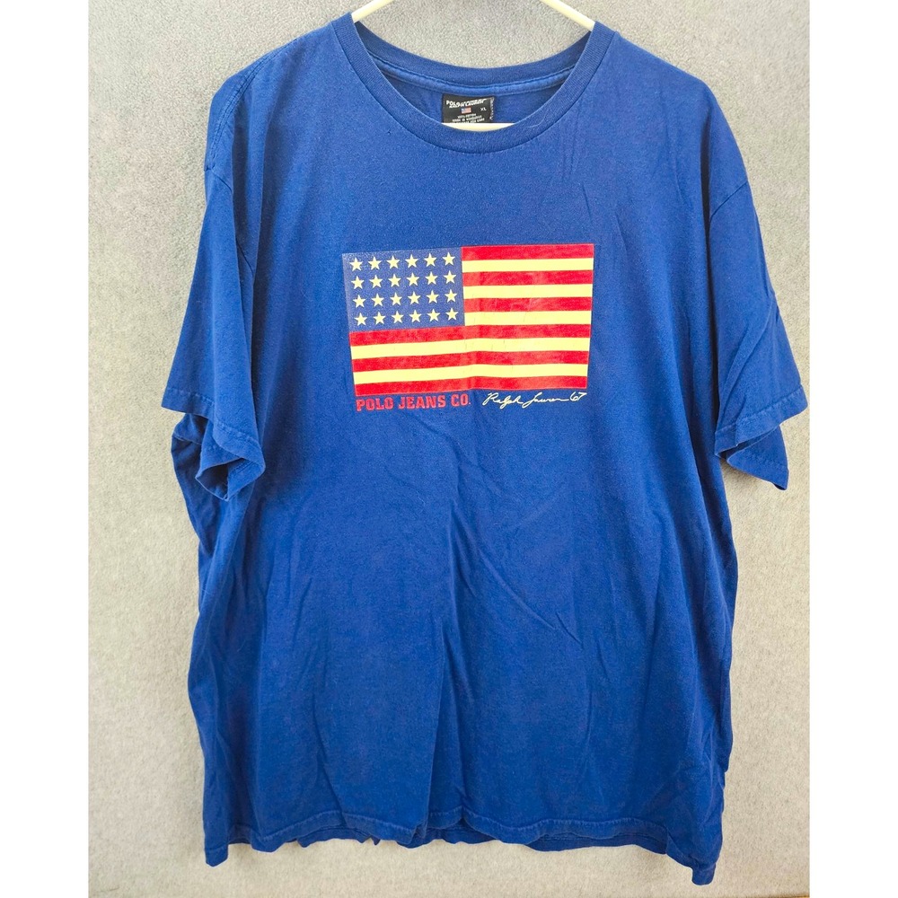 Vintage Polo Jeans Co. Ralph Lauren Men's XL Blue USA Flag Cotton Crew T-Shirt